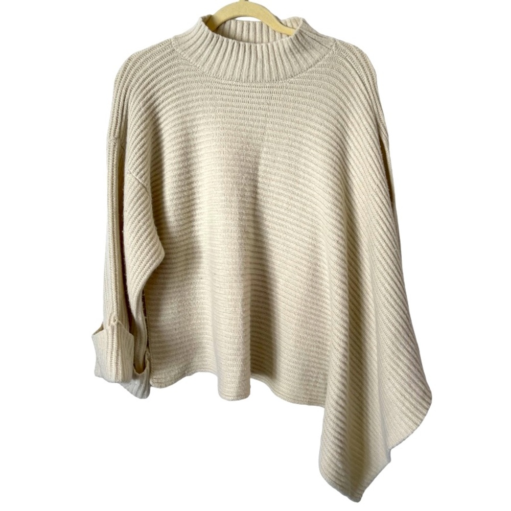 Anthropologie Cream Mock Neck Poncho Cape Sweater Asymmetrical One Sleeve‎